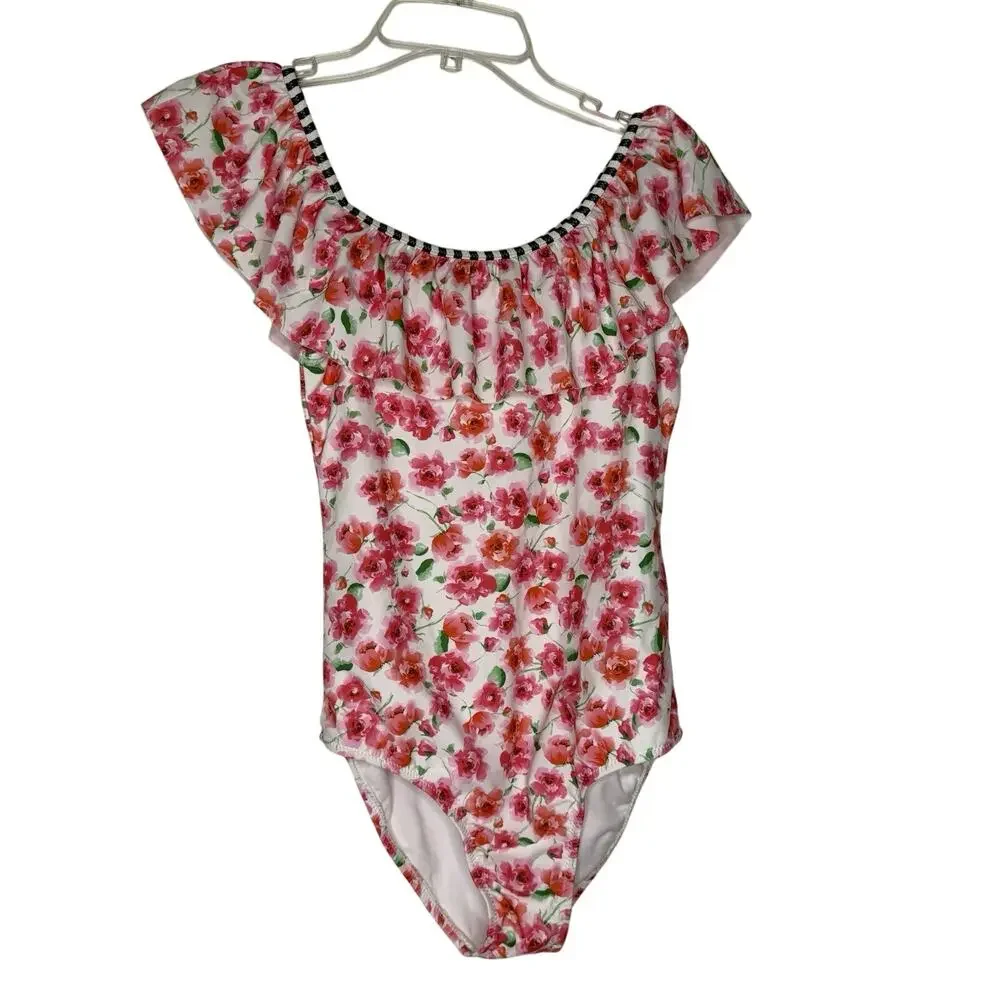 Tommy Bahama 16 Girls Shoulder Swimsuit Floral Ruffle Trim Tropical Swim